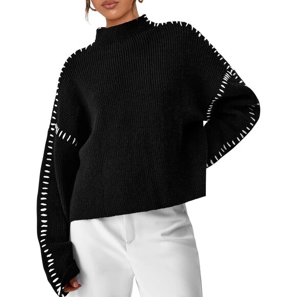 Prettygarden Women's Black Fall Long Sleeve Mock Neck Oversized Chunky Sweaters - Picture 1 of 7